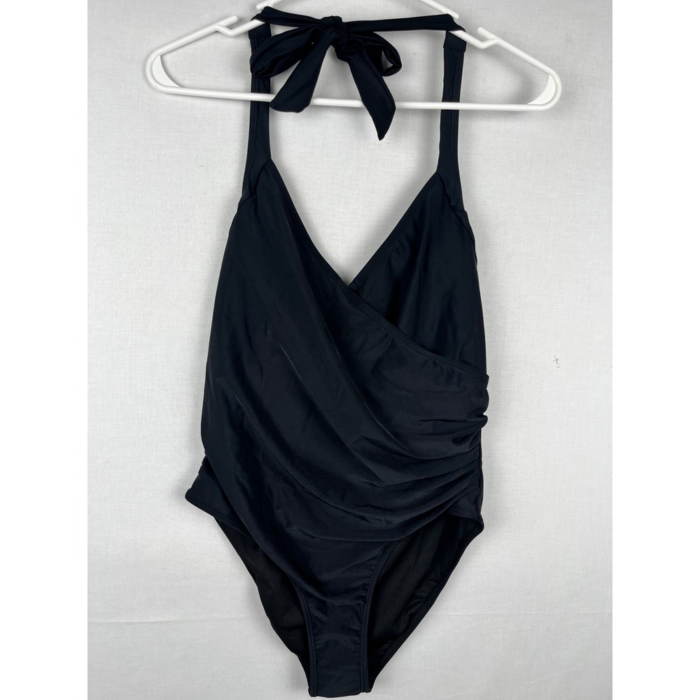 Ai'Mage One Piece Swimsuit Womens Medium Halter Wrap Ruched Black Swimwear